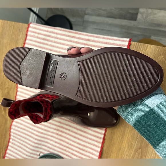 Coach Rivington Rain Boots Women 8 Bitter Chocolate Brown Red Rubber Bootie Logo - Picture 4 of 5